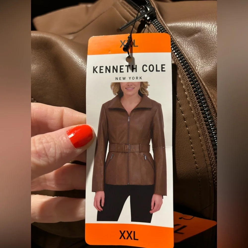 NWT Kenneth Cole Woman’s Brown Faux Leather Jacket with Belt Size XXL